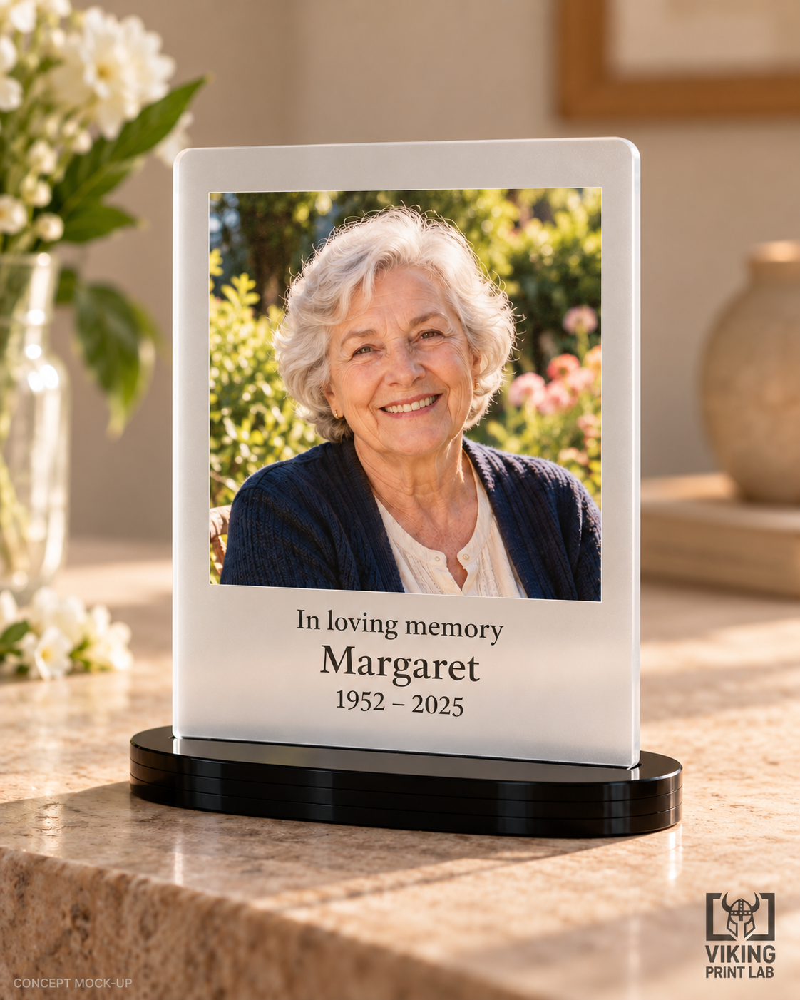 Everheld frosted acrylic memorial photo keepsake with Margaret’s portrait and In loving memory personalization.