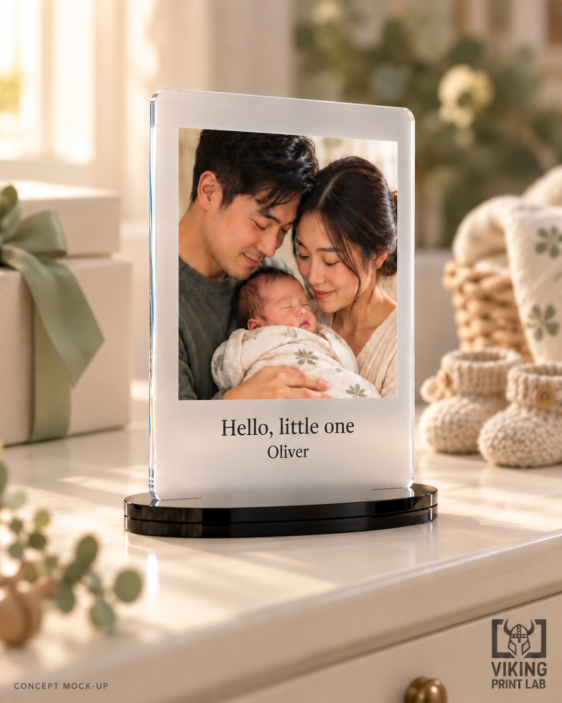 Alternate view of the frosted acrylic Everheld Oliver newborn keepsake on a nursery table.
