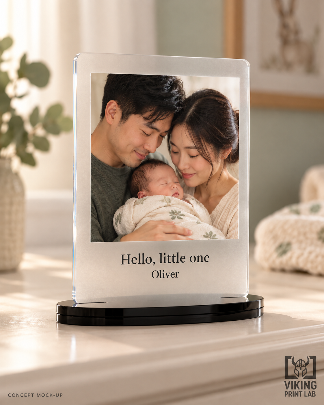 Everheld frosted acrylic newborn photo keepsake featuring parents and baby Oliver, personalized with Hello, little one.