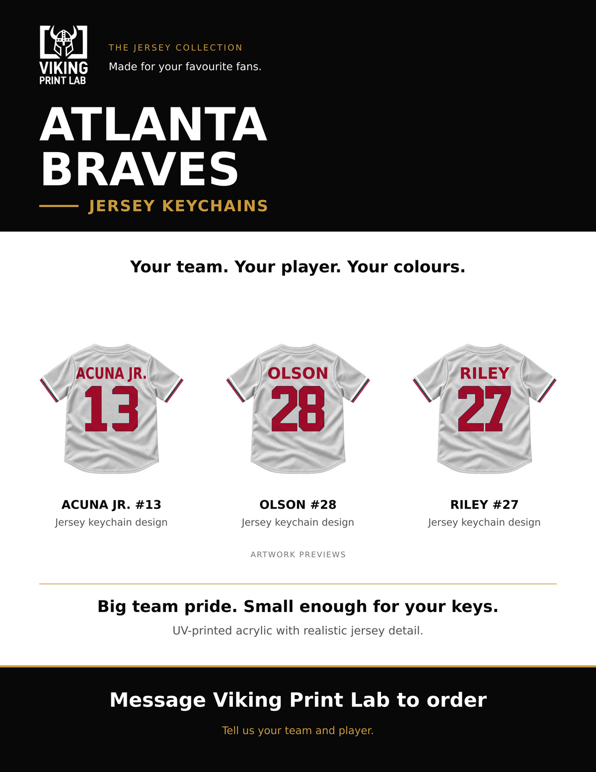 Atlanta Braves jersey keychain design overview, showing three available artwork examples. Price is for one keychain.