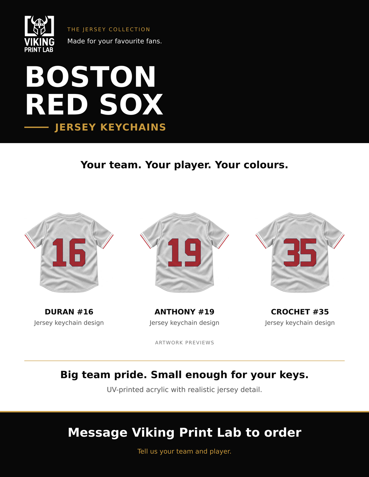 Boston Red Sox jersey keychain design overview, showing three available artwork examples. Price is for one keychain.