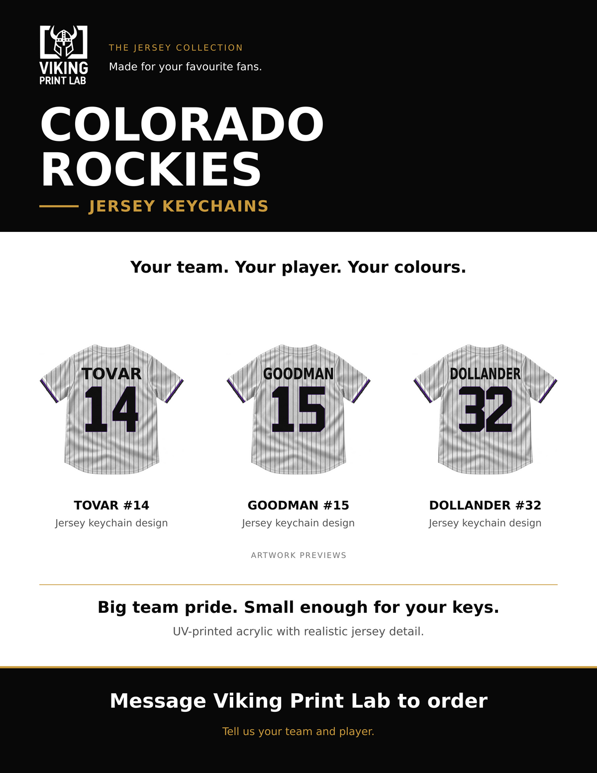 Colorado Rockies jersey keychain design overview, showing three available artwork examples. Price is for one keychain.