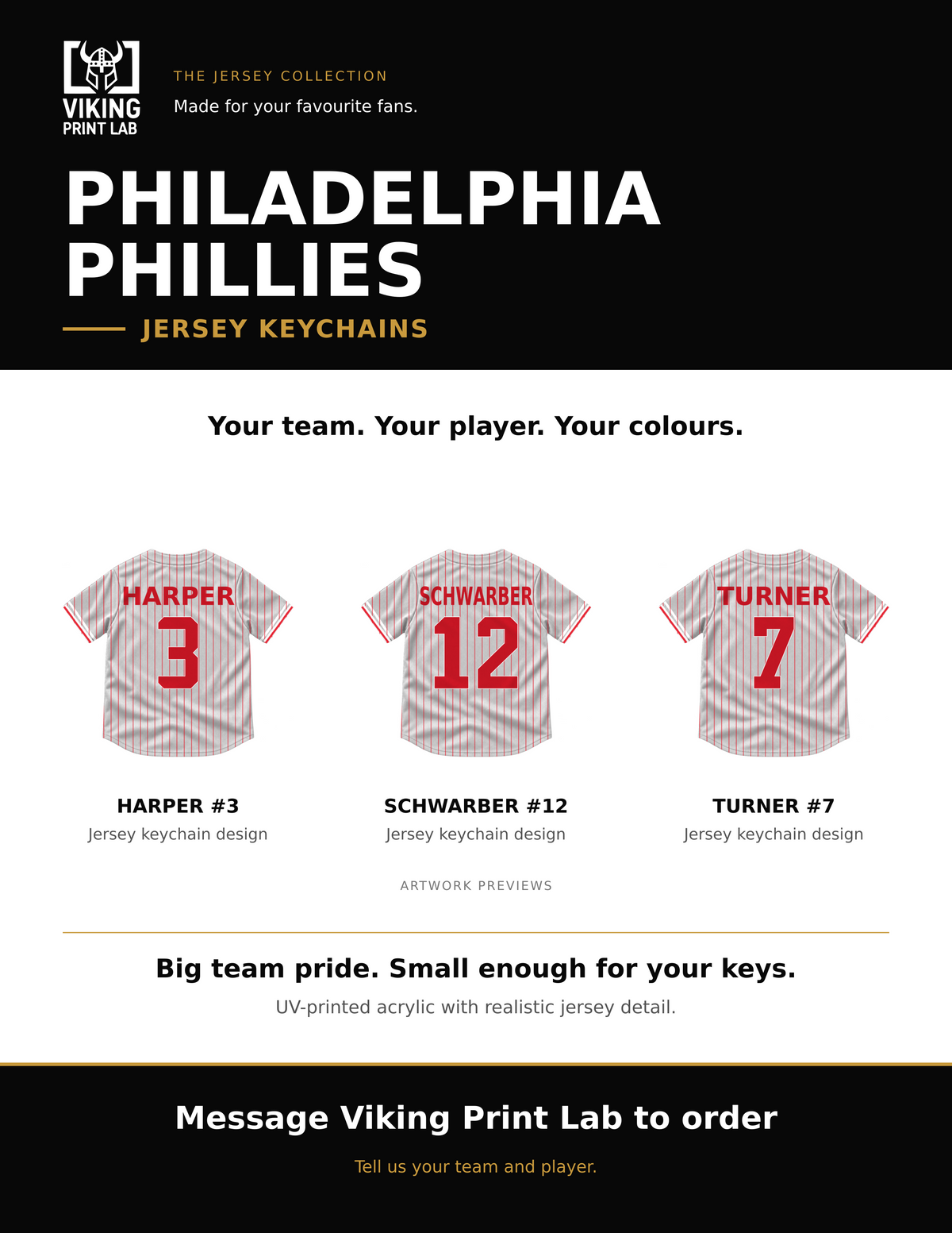 Philadelphia Phillies jersey keychain design overview, showing three available artwork examples. Price is for one keychain.