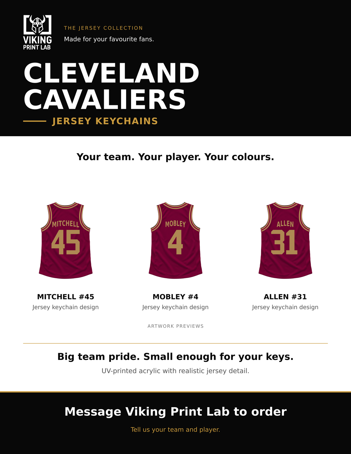 Cleveland Cavaliers jersey keychain design overview, showing three available artwork examples. Price is for one keychain.