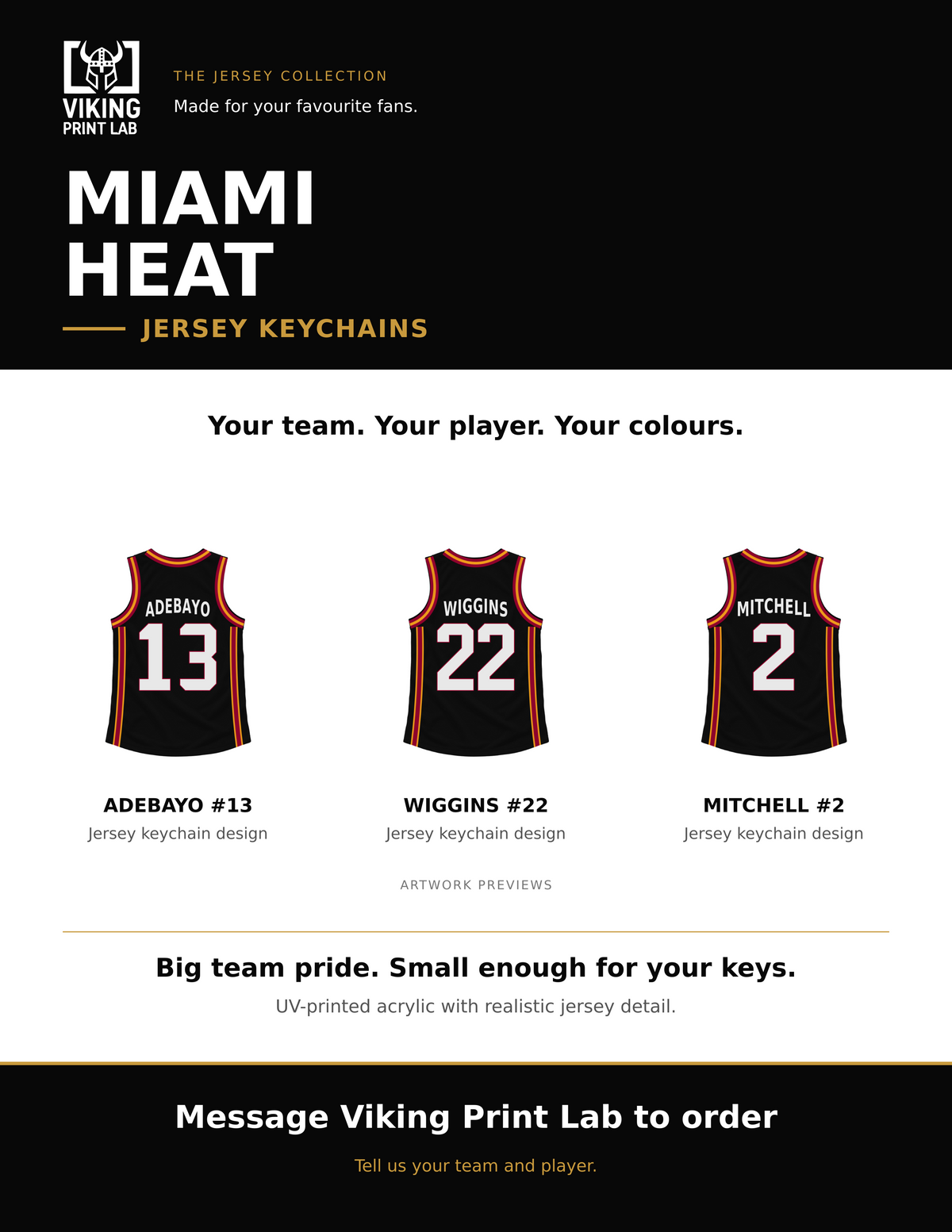Miami Heat jersey keychain design overview, showing three available artwork examples. Price is for one keychain.