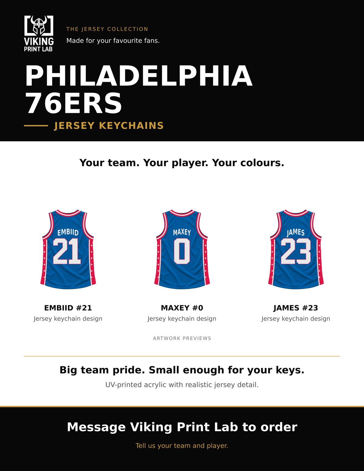 Philadelphia 76Ers jersey keychain design overview, showing three available artwork examples. Price is for one keychain.