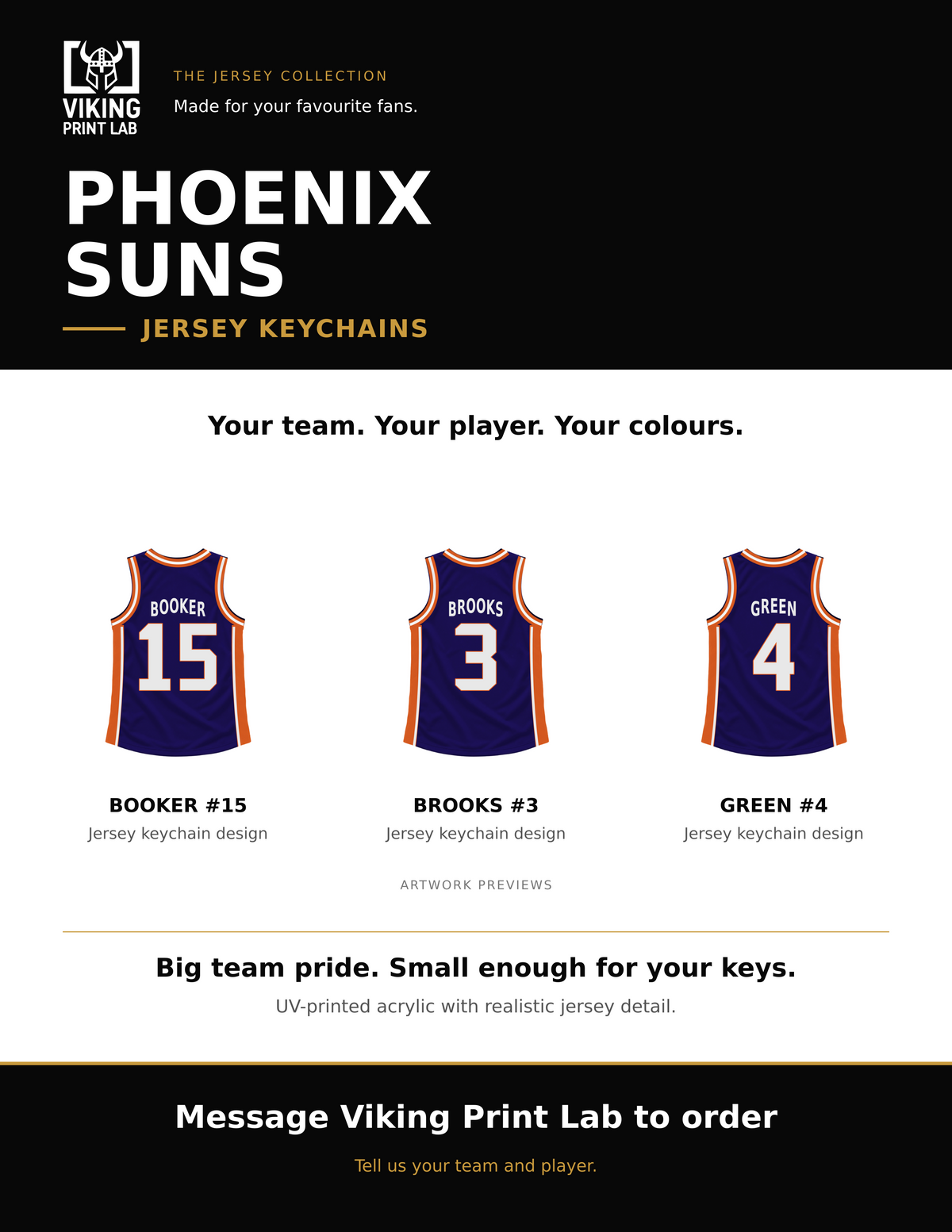 Phoenix Suns jersey keychain design overview, showing three available artwork examples. Price is for one keychain.