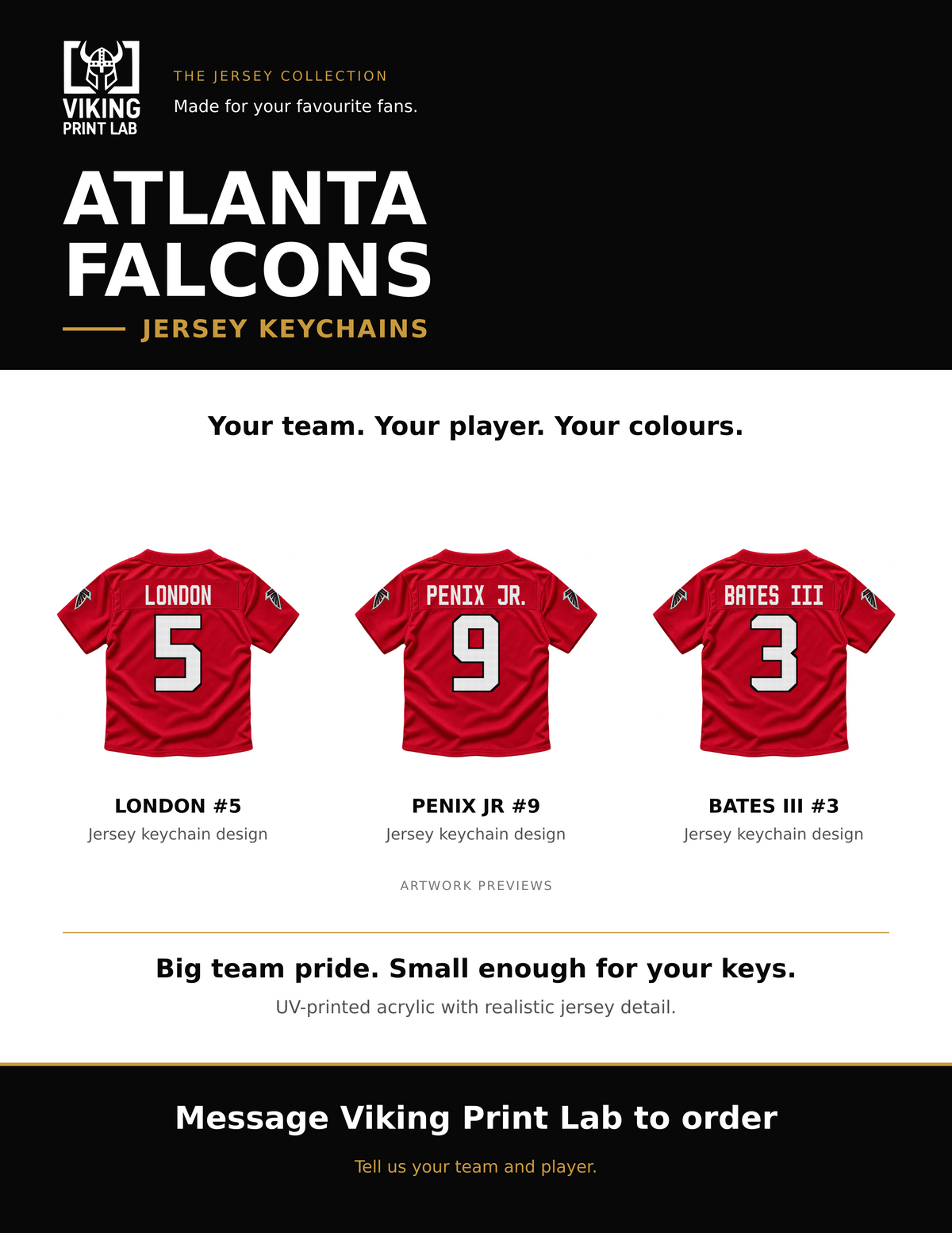 Atlanta Falcons jersey keychain design overview, showing three available artwork examples. Price is for one keychain.