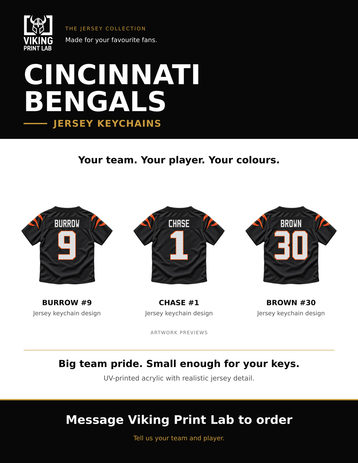 Cincinnati Bengals jersey keychain design overview, showing three available artwork examples. Price is for one keychain.