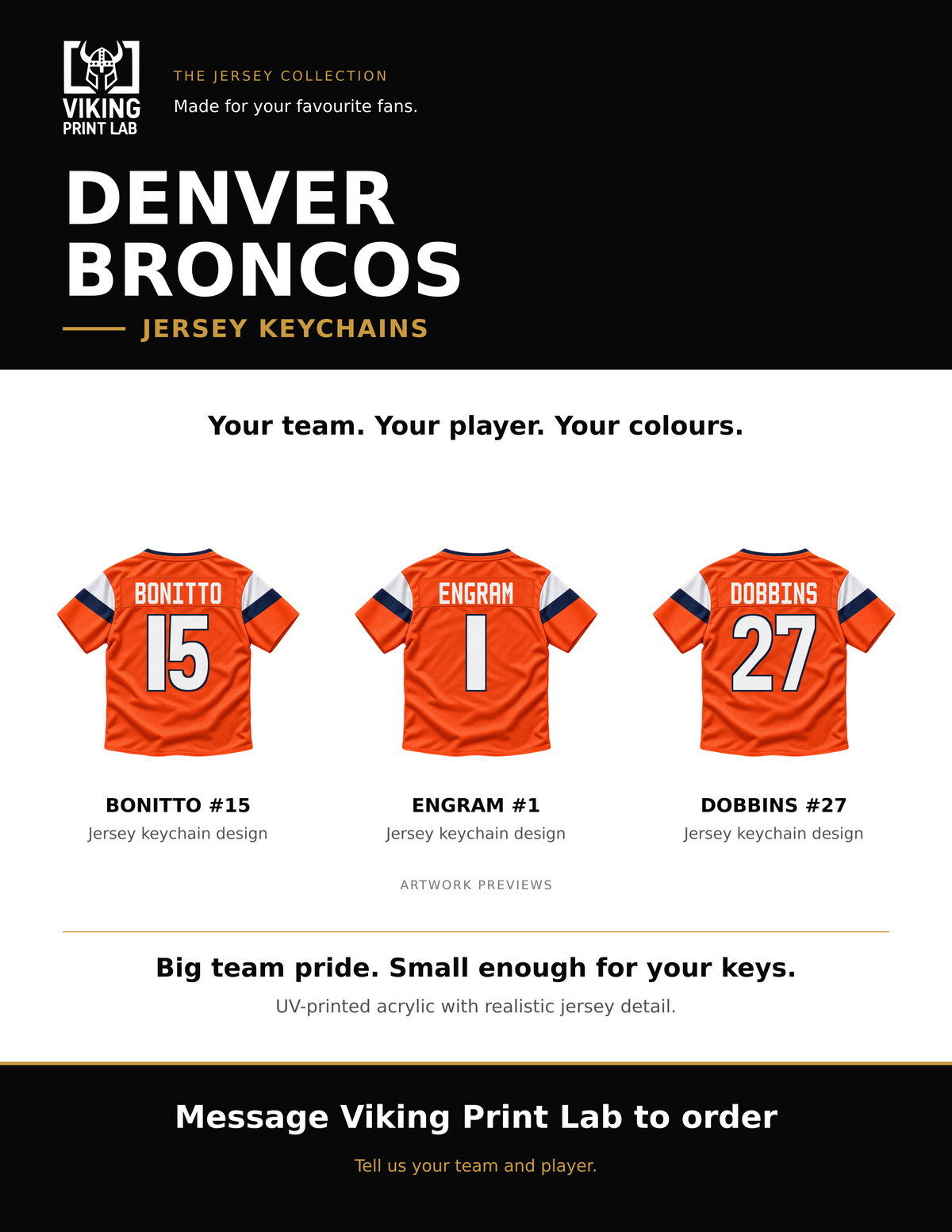 Denver Broncos jersey keychain design overview, showing three available artwork examples. Price is for one keychain.