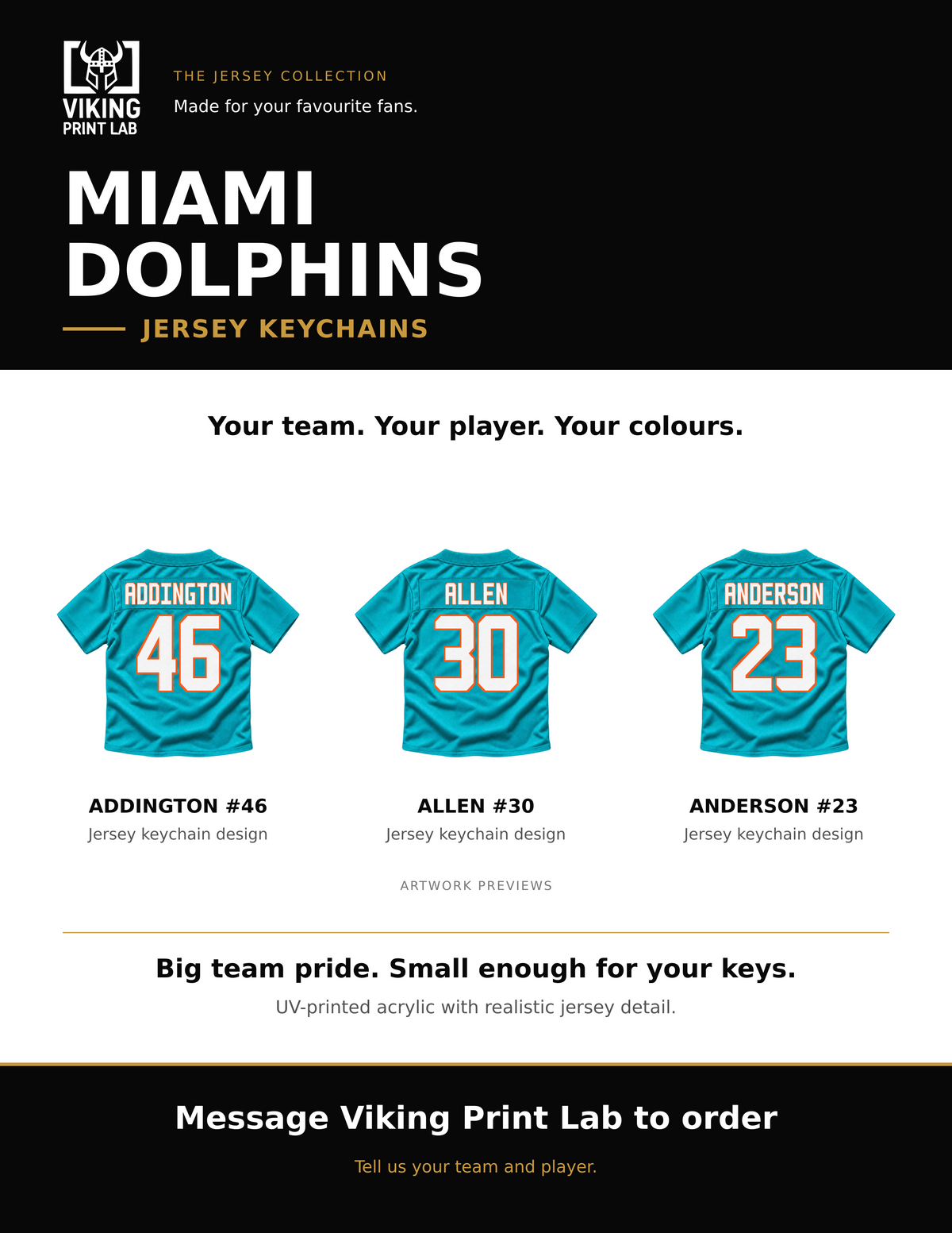 Miami Dolphins jersey keychain design overview, showing three available artwork examples. Price is for one keychain.