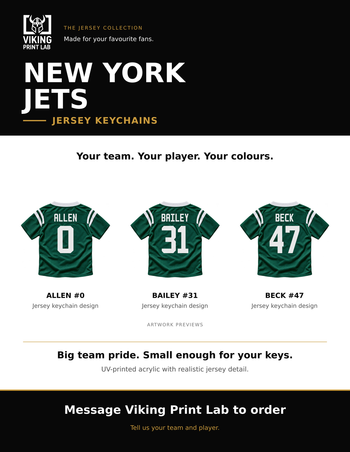 New York Jets jersey keychain design overview, showing three available artwork examples. Price is for one keychain.