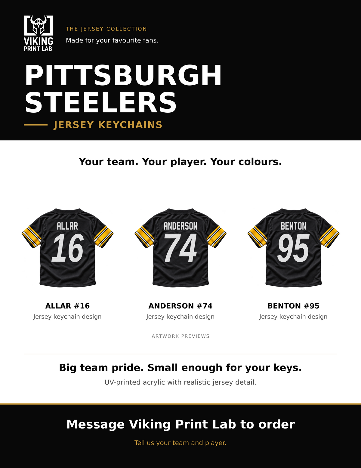 Pittsburgh Steelers jersey keychain design overview, showing three available artwork examples. Price is for one keychain.