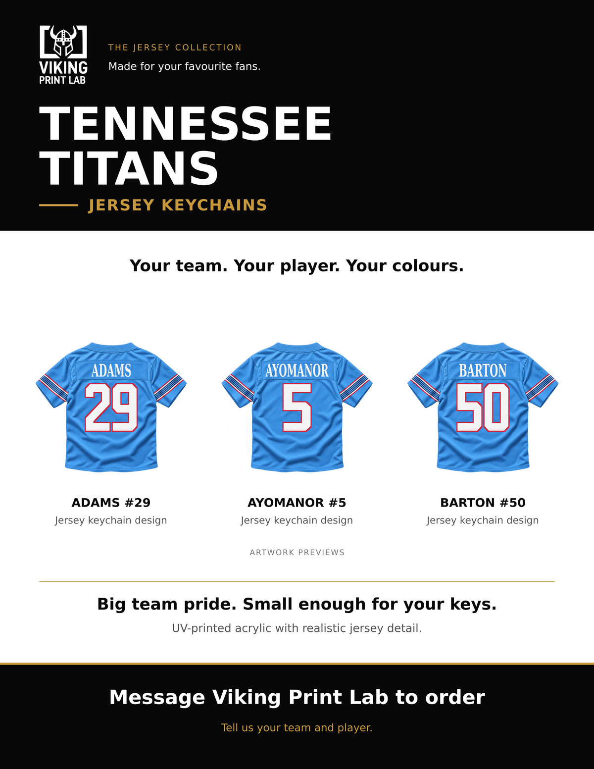 Tennessee Titans jersey keychain design overview, showing three available artwork examples. Price is for one keychain.