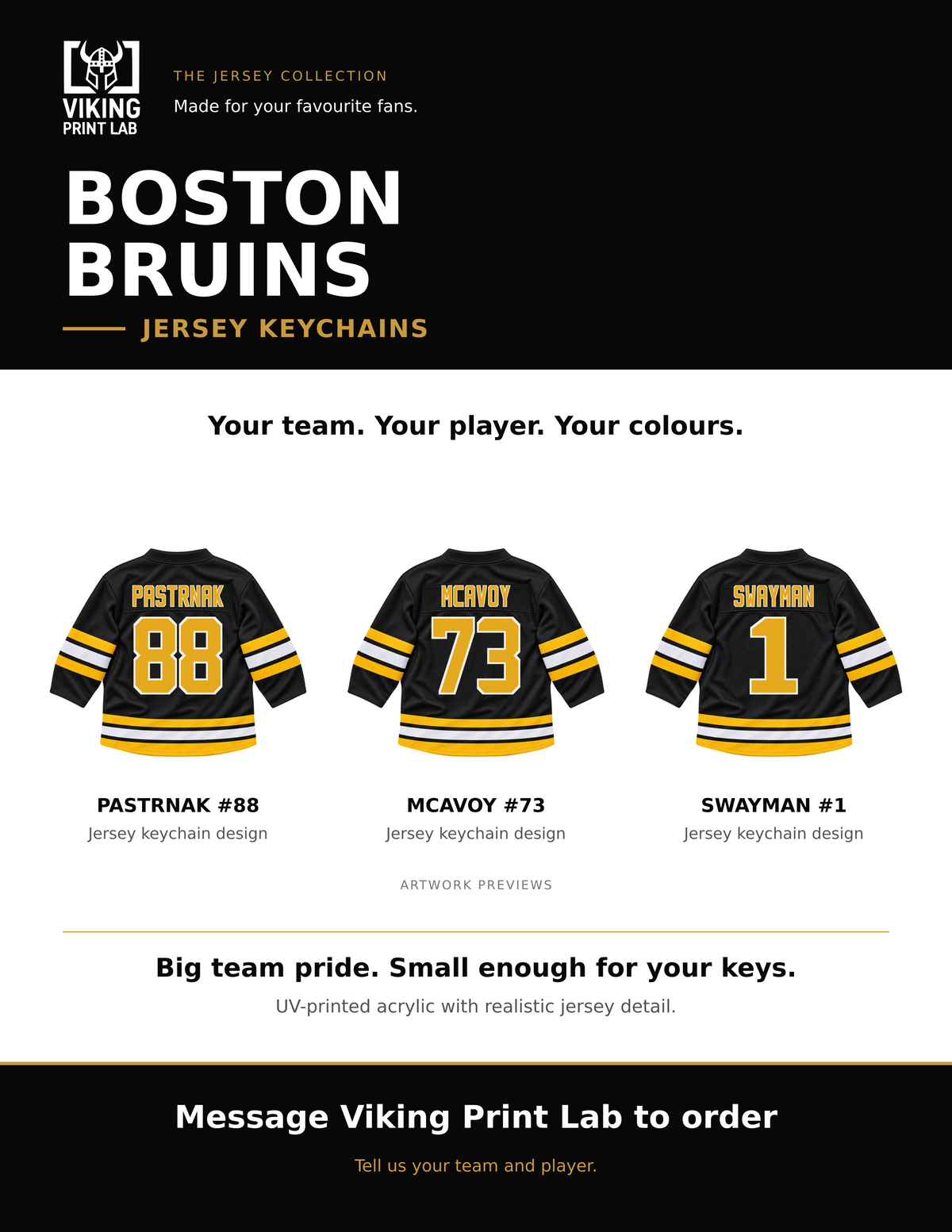 Boston Bruins jersey keychain design overview, showing three available artwork examples. Price is for one keychain.