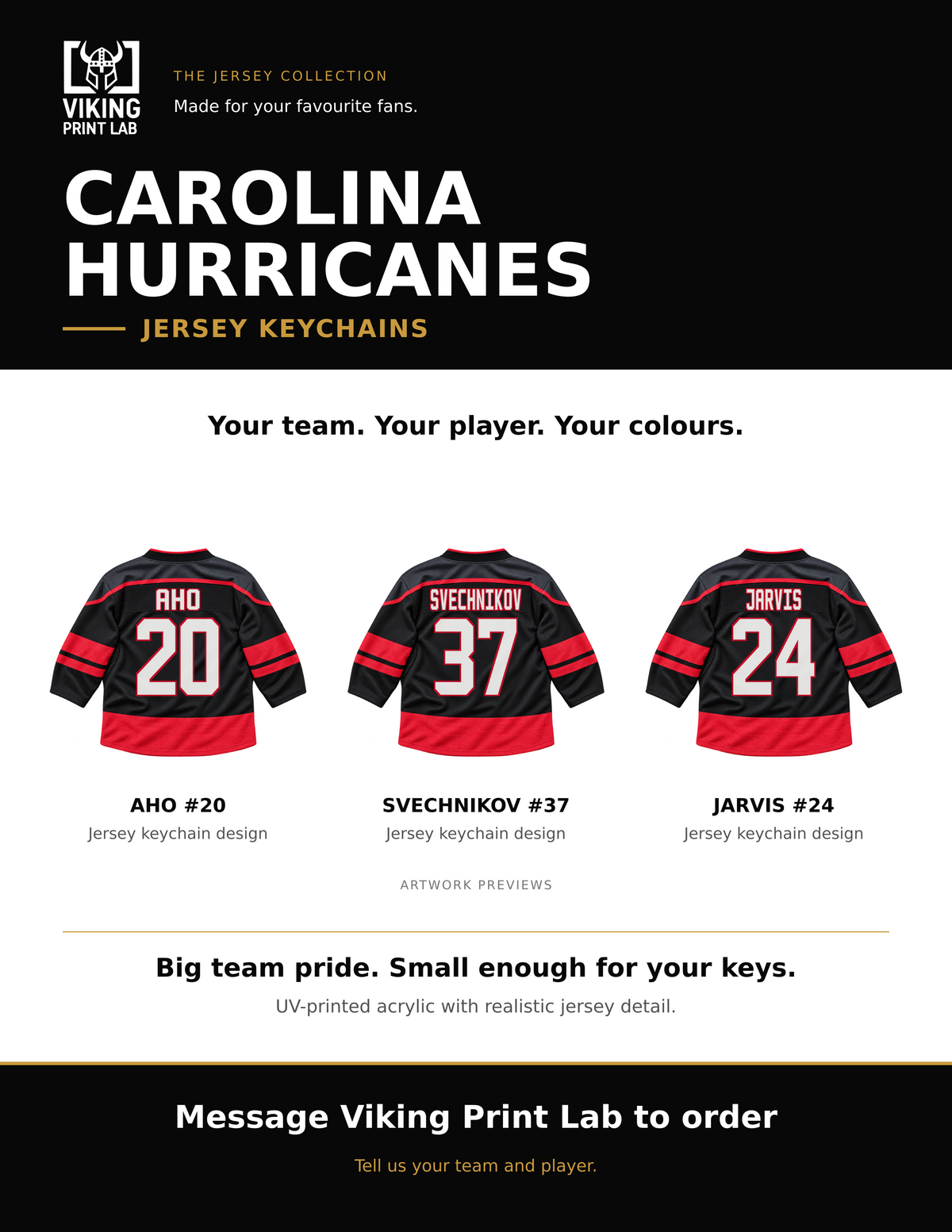 Carolina Hurricanes jersey keychain design overview, showing three available artwork examples. Price is for one keychain.
