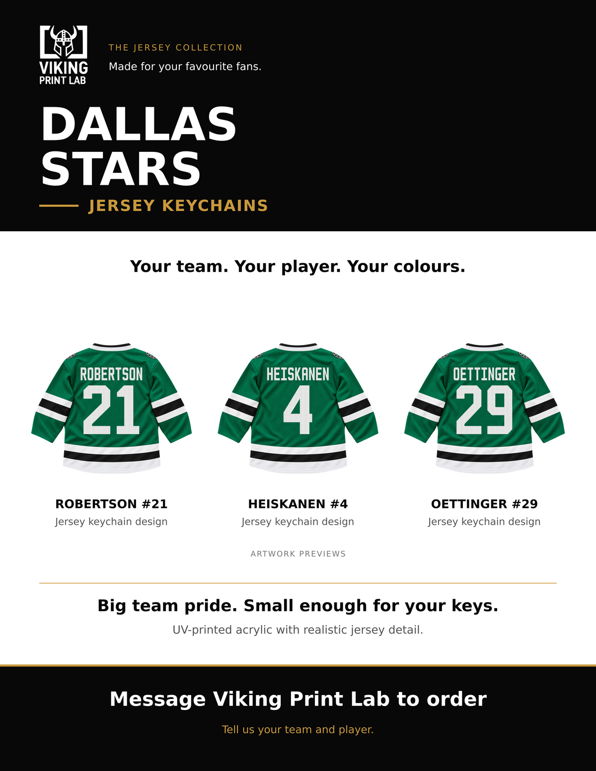 Dallas Stars jersey keychain design overview, showing three available artwork examples. Price is for one keychain.