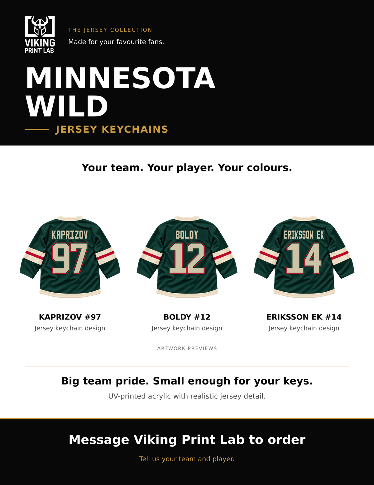 Minnesota Wild jersey keychain design overview, showing three available artwork examples. Price is for one keychain.