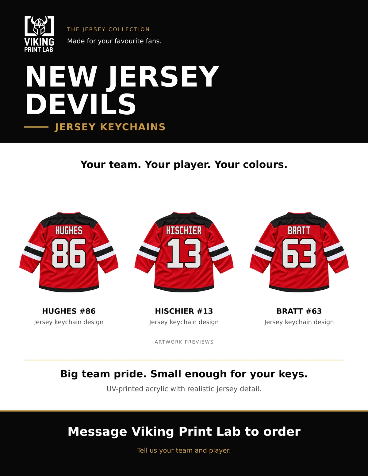 New Jersey Devils jersey keychain design overview, showing three available artwork examples. Price is for one keychain.