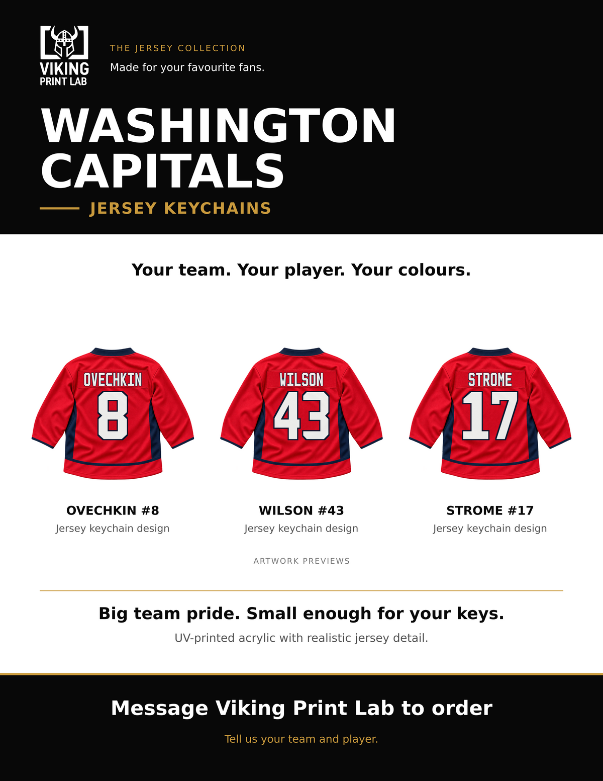 Washington Capitals jersey keychain design overview, showing three available artwork examples. Price is for one keychain.