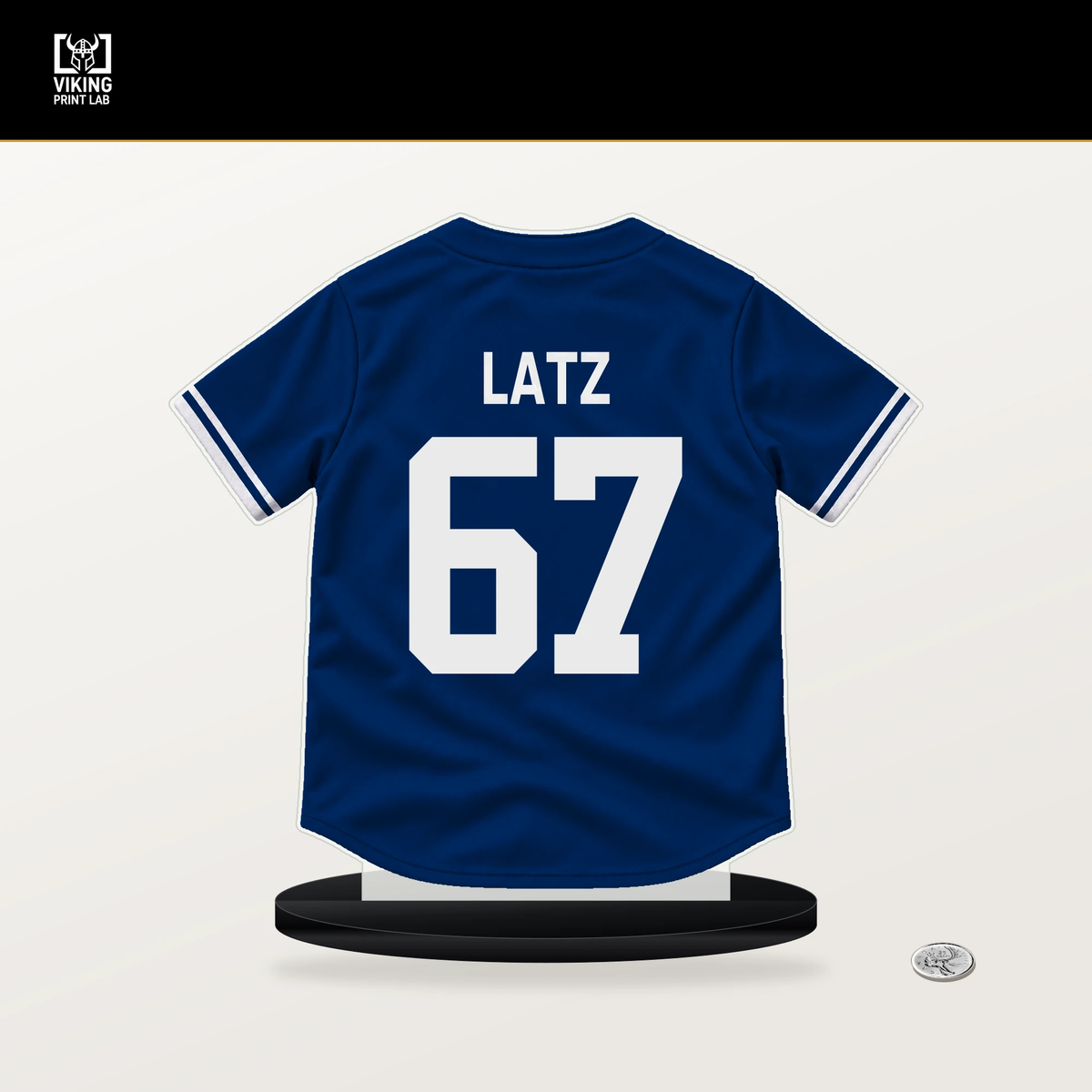 Jacob Latz number 67 Texas Rangers jersey stand with included black base.