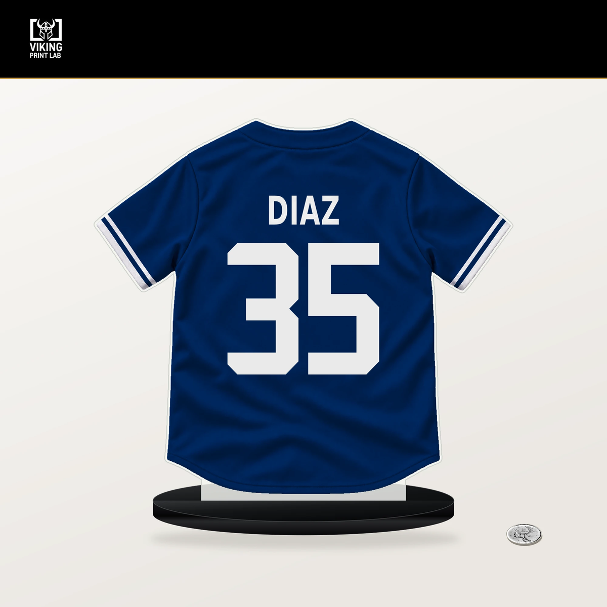 Elias Diaz number 35 Texas Rangers jersey stand with included black base.