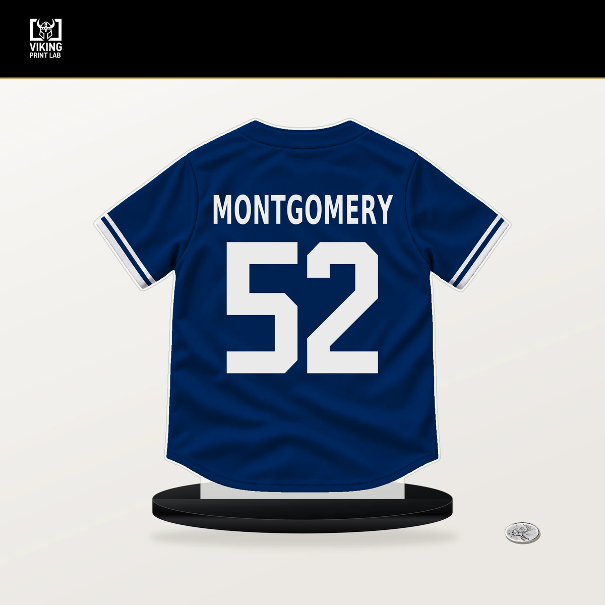 Jordan Montgomery number 52 Texas Rangers jersey stand with included black base.