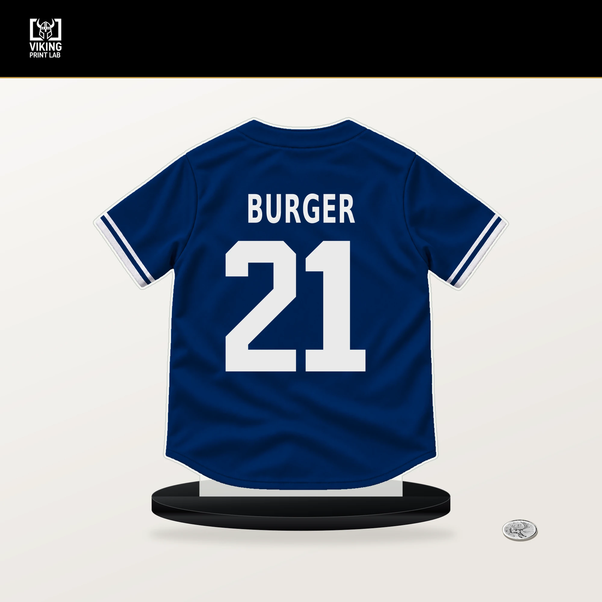 Jake Burger number 21 Texas Rangers jersey stand with included black base.