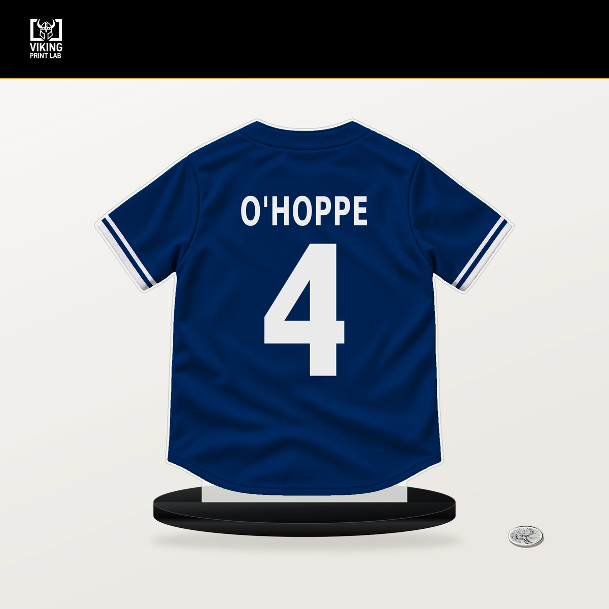 Logan O'Hoppe number 4 Texas Rangers jersey stand with included black base.
