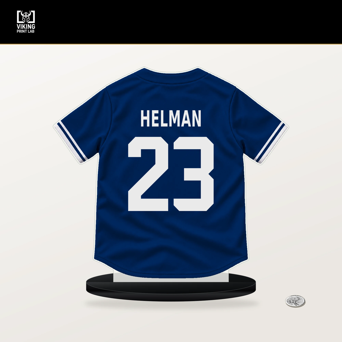 Michael Helman number 23 Texas Rangers jersey stand with included black base.