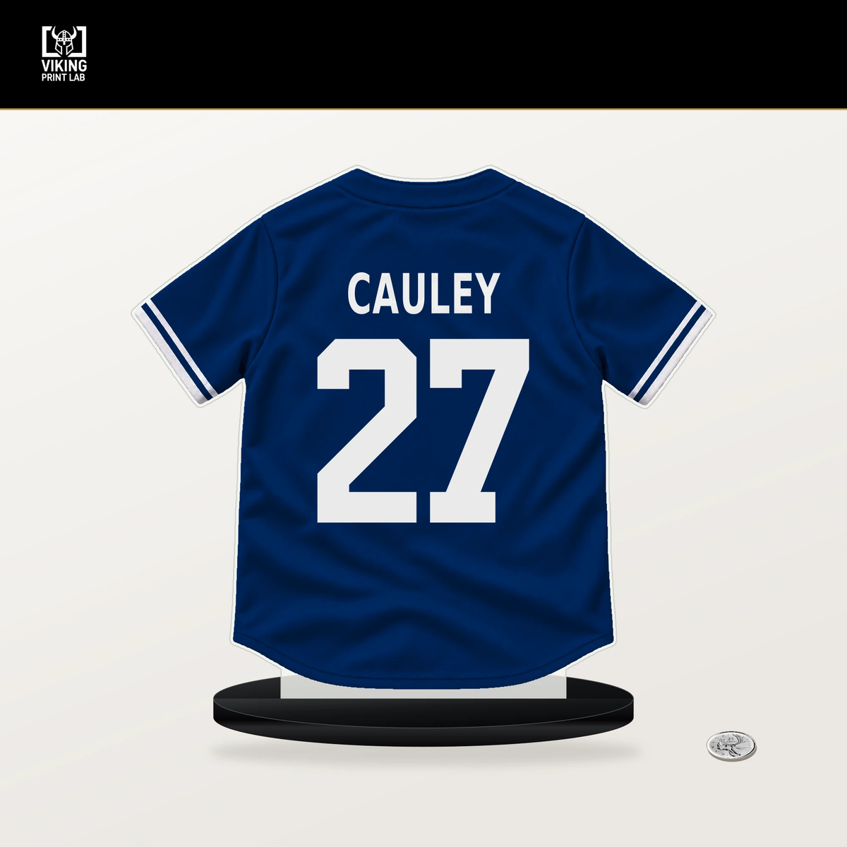 Cam Cauley number 27 Texas Rangers jersey stand with included black base.