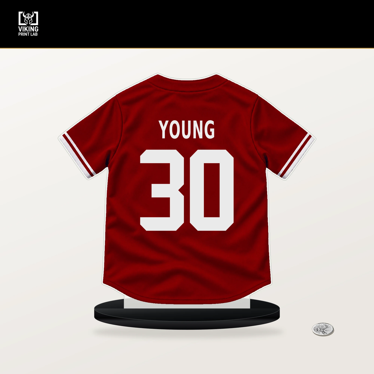 Jacob Young number 30 Washington Nationals jersey stand with included black base.
