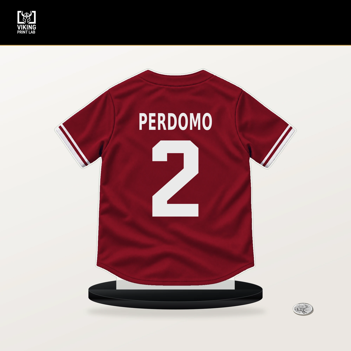 Geraldo Perdomo number 2 Arizona Diamondbacks jersey stand with included black base.