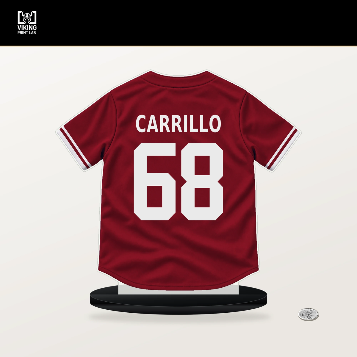 Gerardo Carrillo number 68 Arizona Diamondbacks jersey stand with included black base.