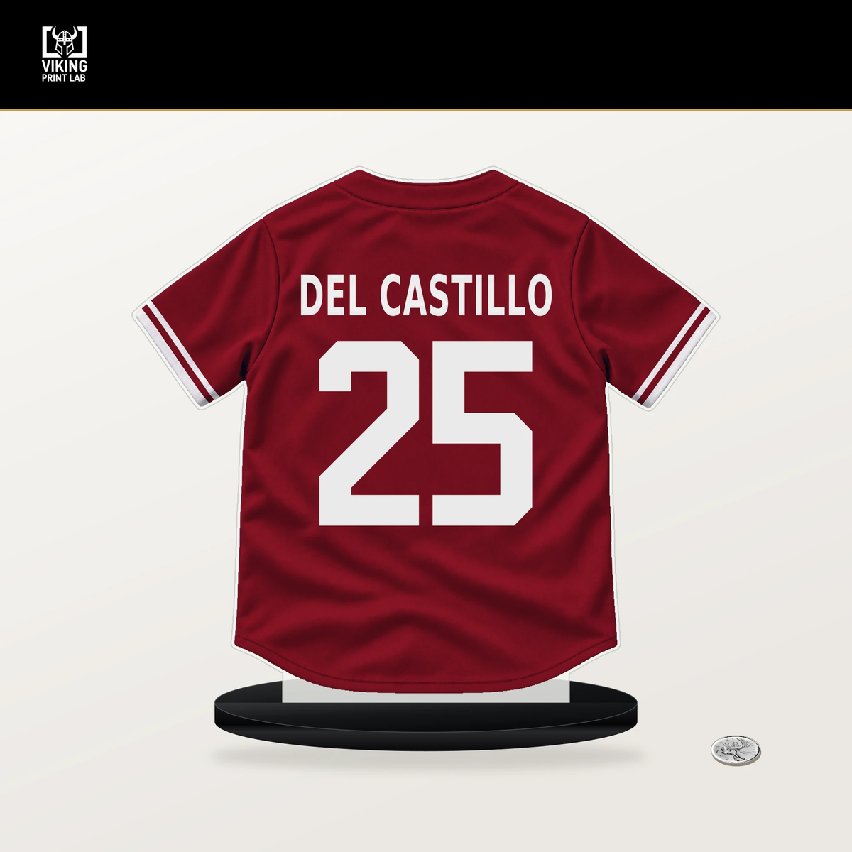 Adrian Del Castillo number 25 Arizona Diamondbacks jersey stand with included black base.