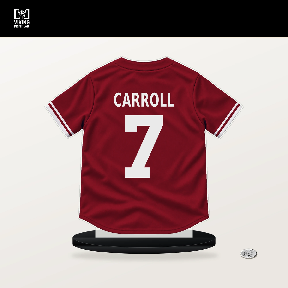 Corbin Carroll number 7 Arizona Diamondbacks jersey stand with included black base.
