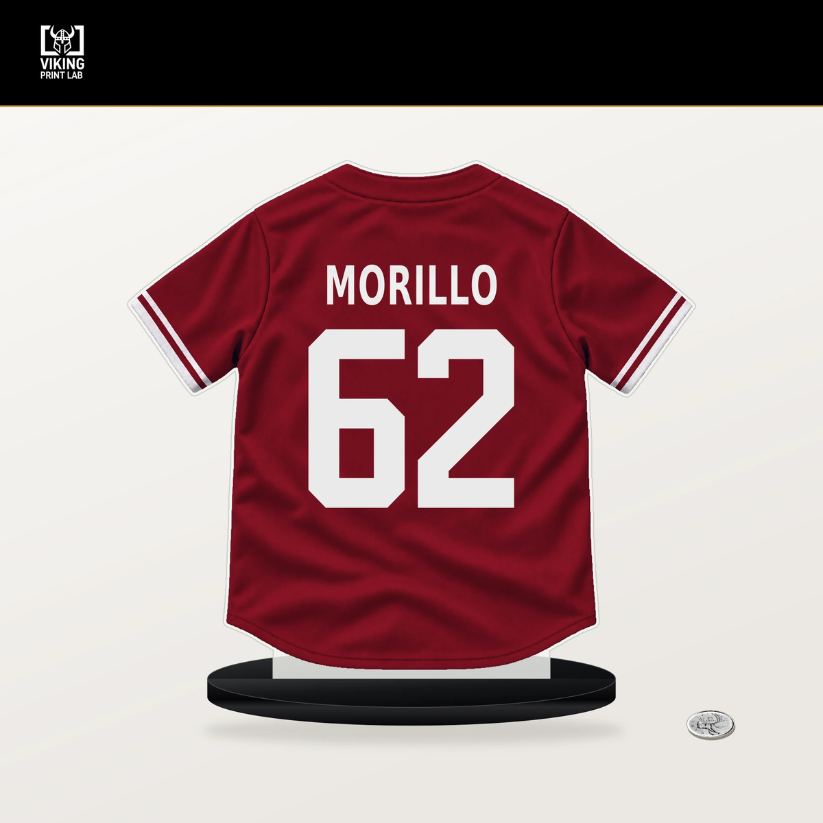 Juan Morillo number 62 Arizona Diamondbacks jersey stand with included black base.