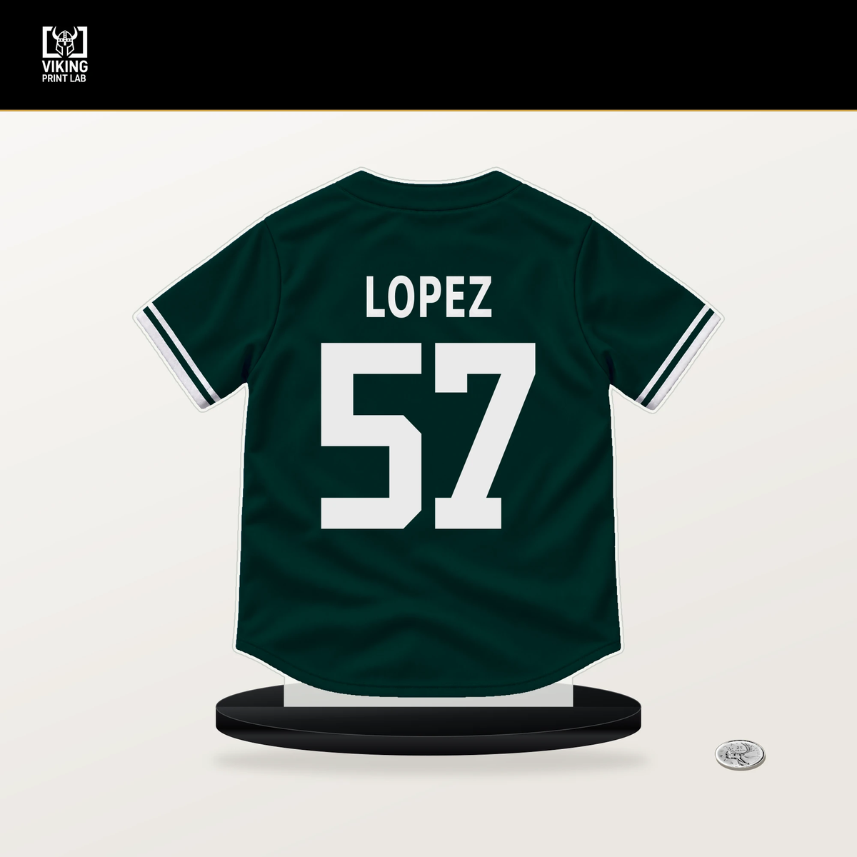 Jacob Lopez number 57 Athletics jersey stand with included black base.