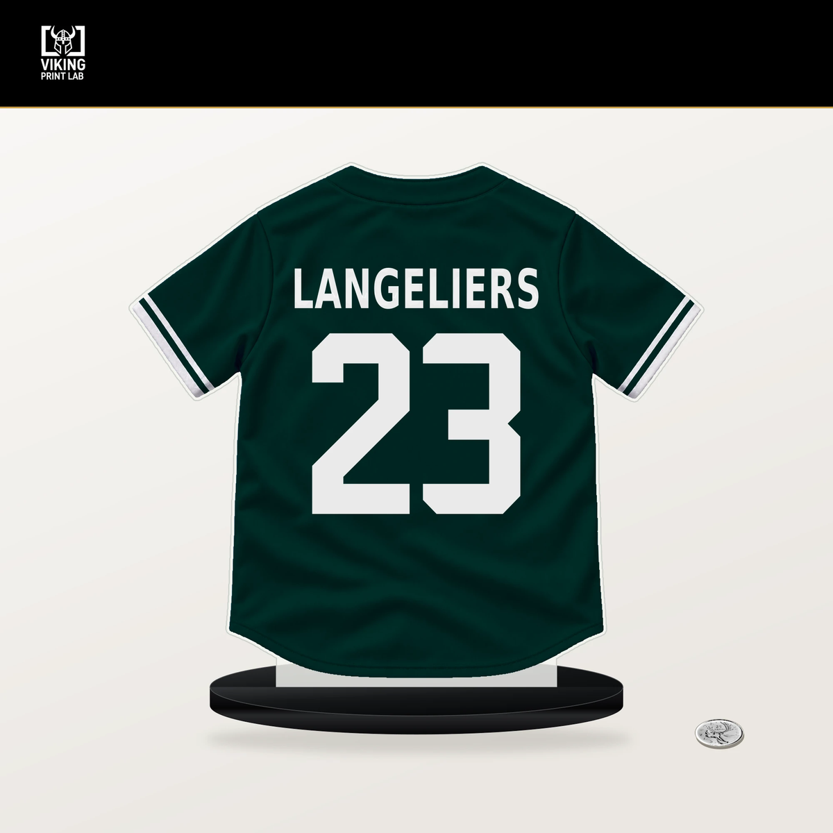 Shea Langeliers number 23 Athletics jersey stand with included black base.
