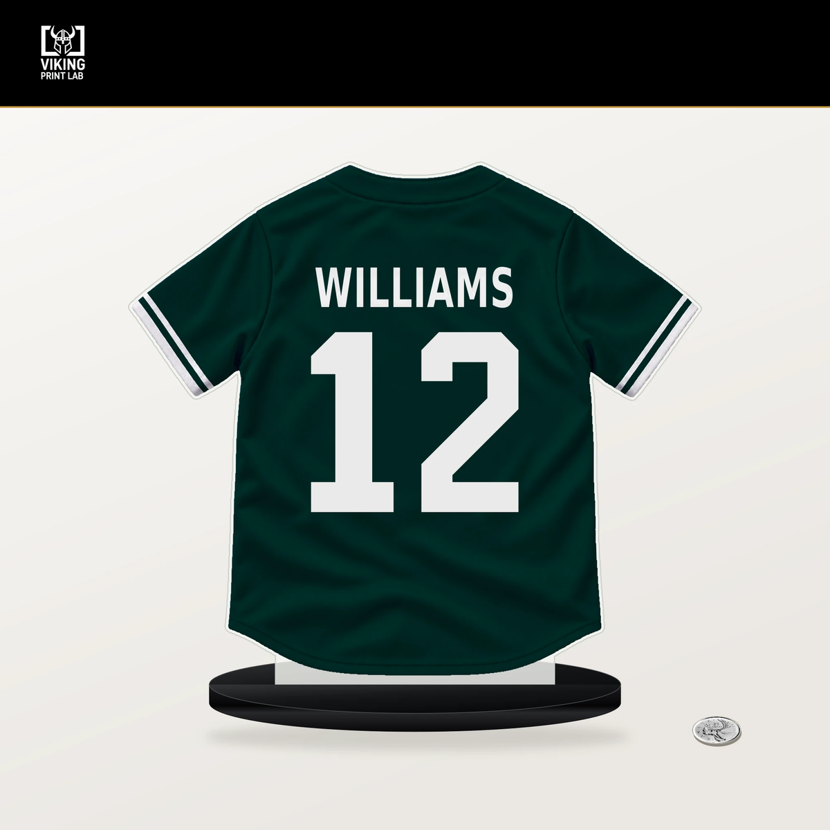 Alika Williams number 12 Athletics jersey stand with included black base.