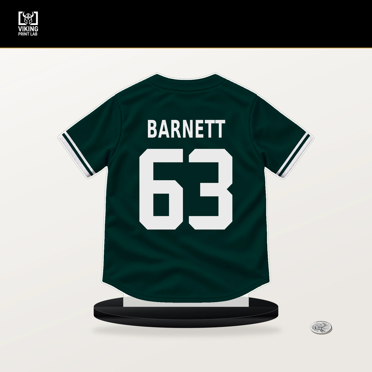 Mason Barnett number 63 Athletics jersey stand with included black base.