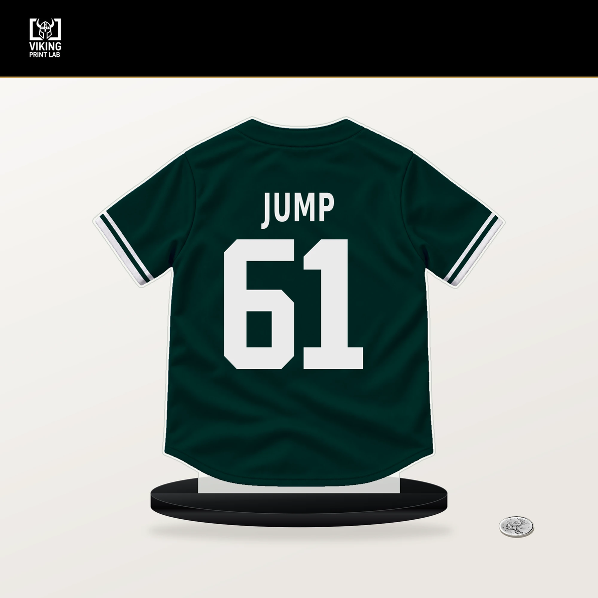 Gage Jump number 61 Athletics jersey stand with included black base.