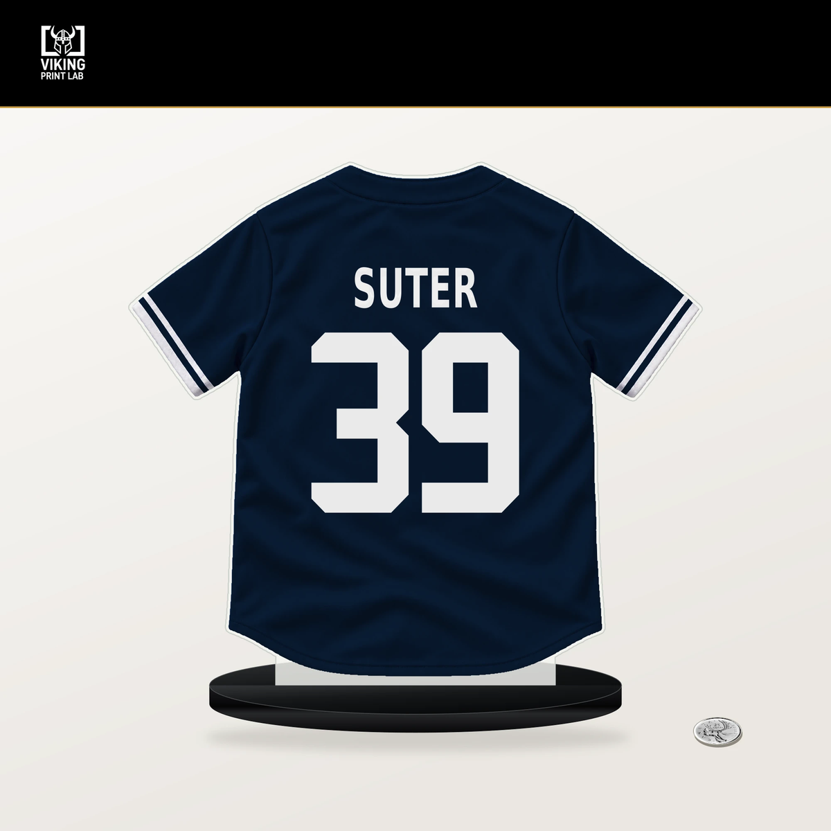 Brent Suter number 39 Atlanta Braves jersey stand with included black base.