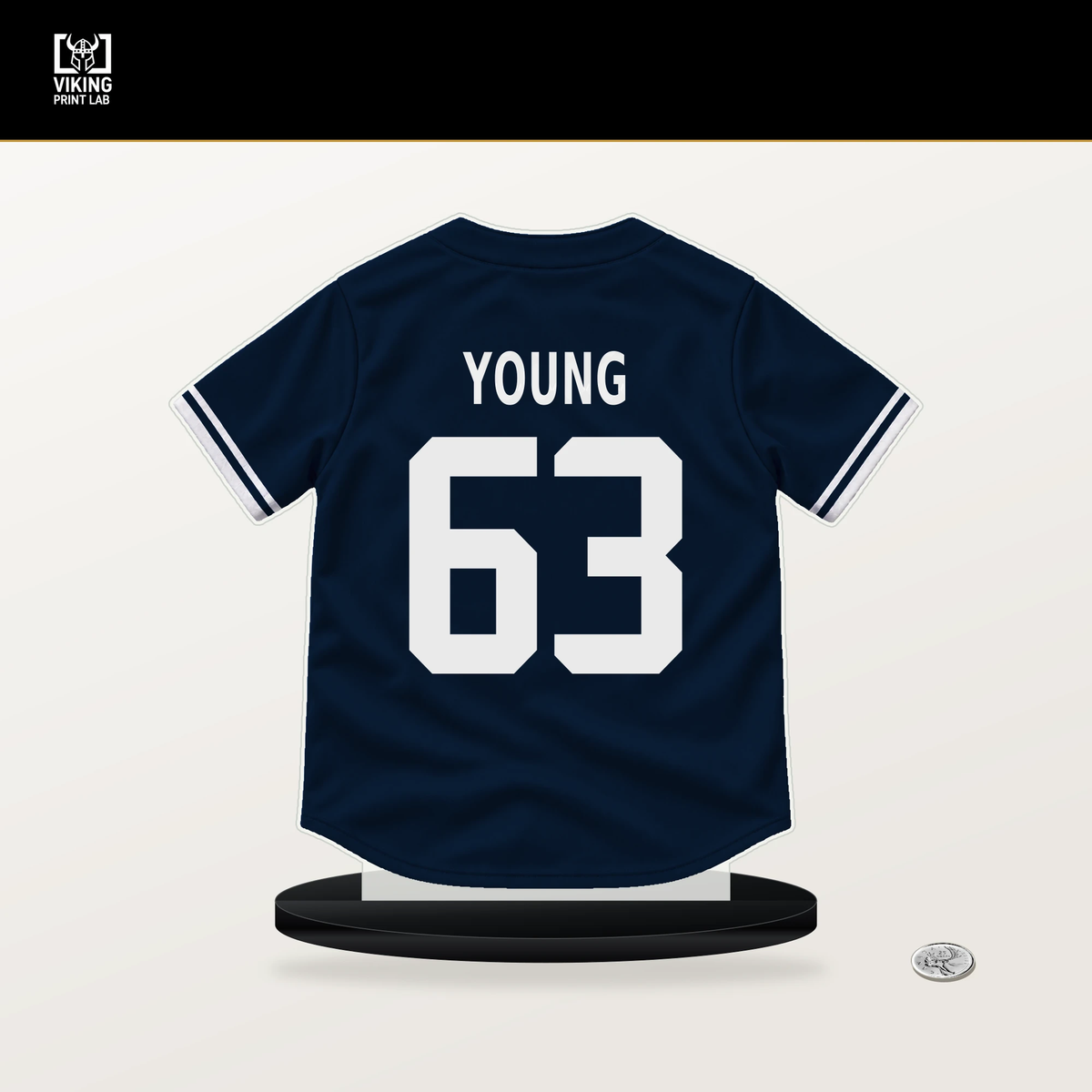 Danny Young number 63 Atlanta Braves jersey stand with included black base.