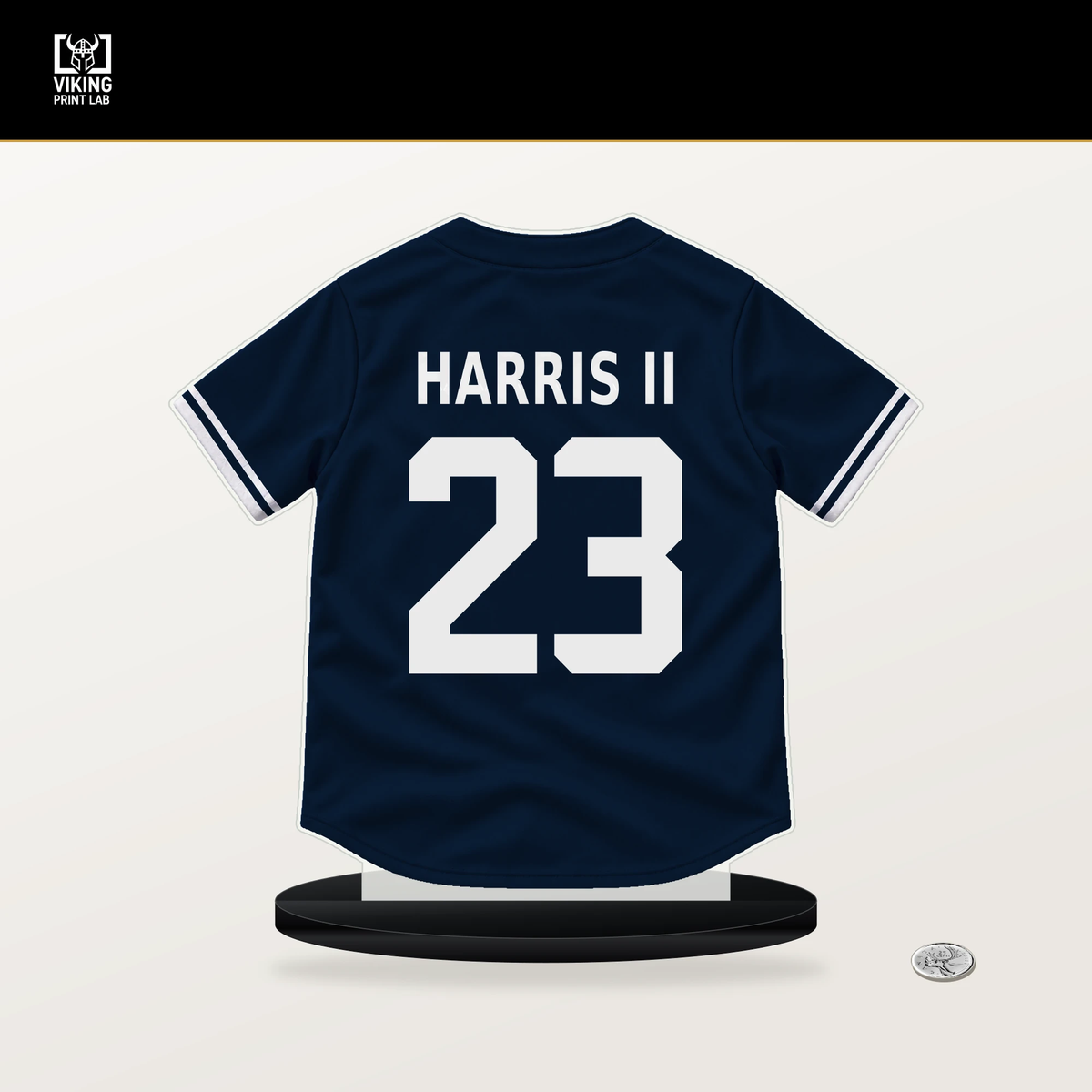 Michael Harris II number 23 Atlanta Braves jersey stand with included black base.