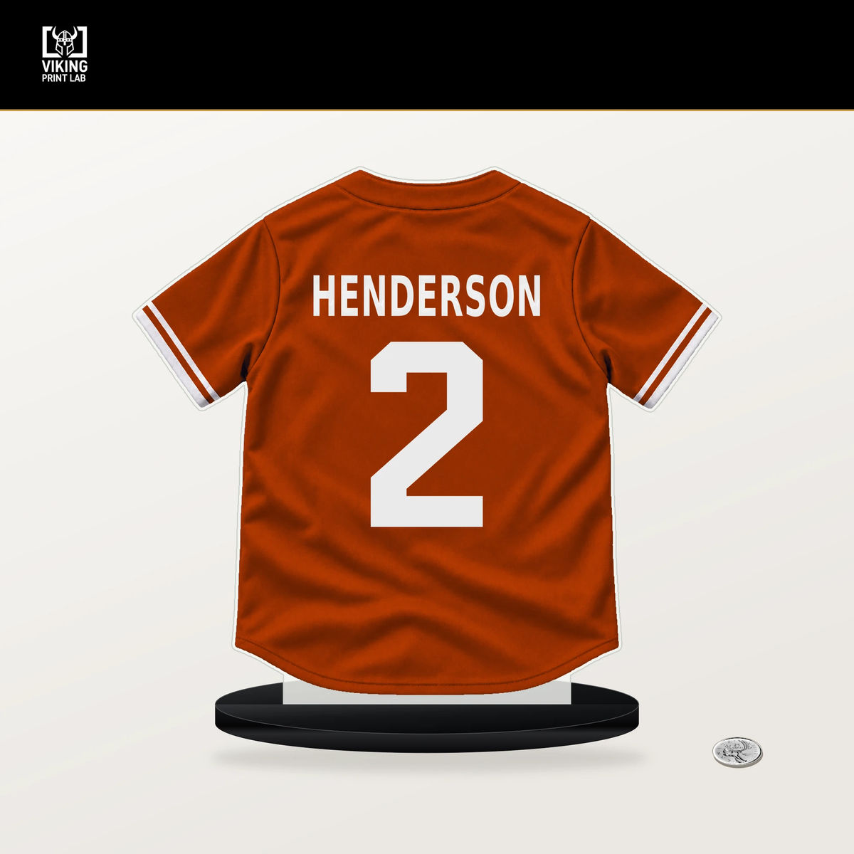 Gunnar Henderson number 2 Baltimore Orioles jersey stand with included black base.