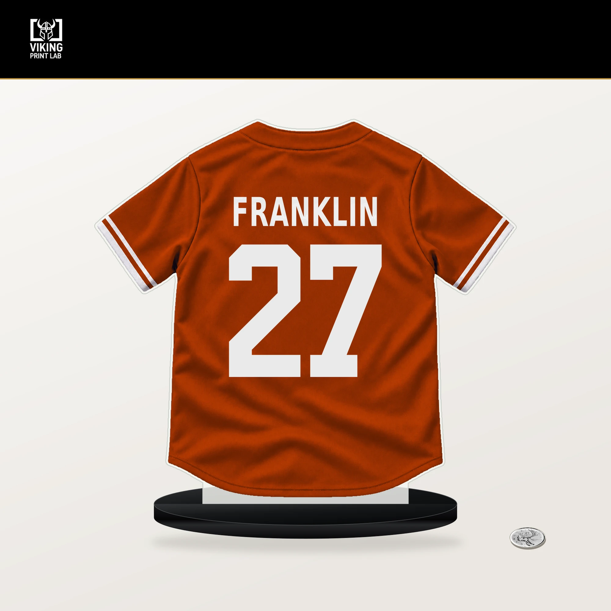 Christian Franklin number 27 Baltimore Orioles jersey stand with included black base.