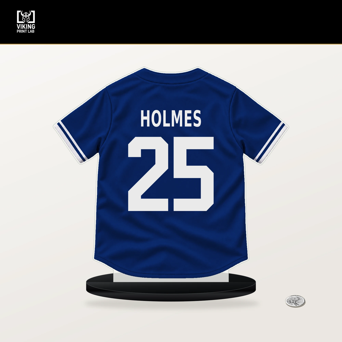 Clay Holmes number 25 Chicago Cubs jersey stand with included black base.