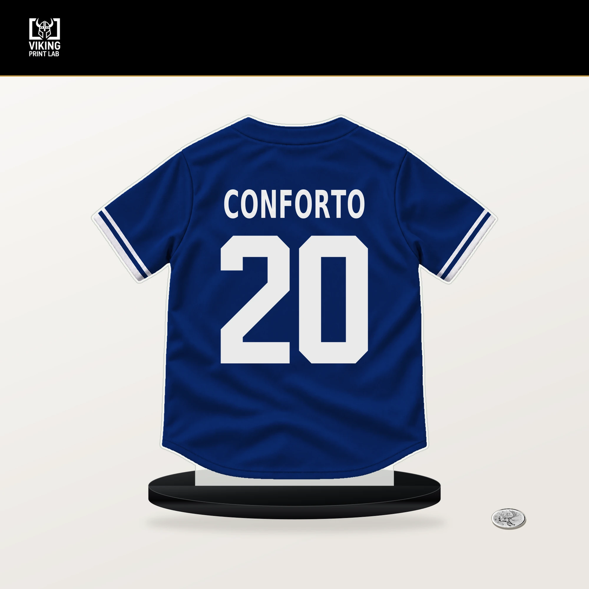 Michael Conforto number 20 Chicago Cubs jersey stand with included black base.