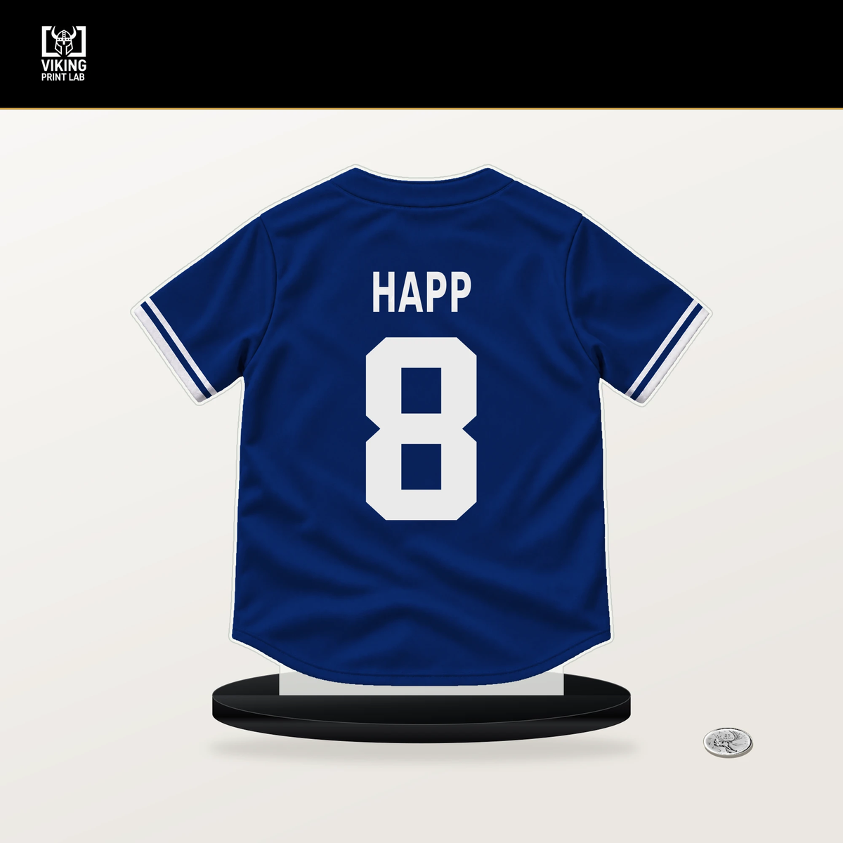 Ian Happ number 8 Chicago Cubs jersey stand with included black base.